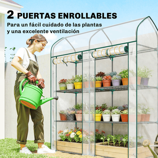 Outsunny Estufa Pequena de 3 Níveis, Estufa de Exterior com 2 Portas Enroláveis, Estrutura de Aço e Cobertura de Plástico Anti-UV para Cultivo de Plantas, Flores, 143x46x165 cm, Transparente