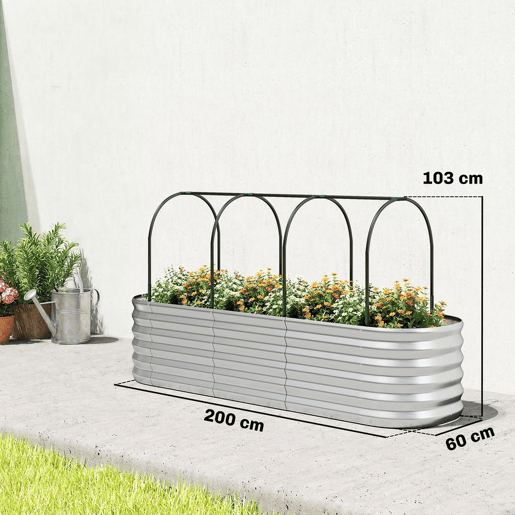 Outsunny Caixa de Plantio Exterior Grande com Cobertura de Estufa e Rede Caixa de Cultivo de Aço Galvanizado com Fundo Aberto Resistente às Intempéries, para Jardim Terraço 200x60x103 cm Prateado