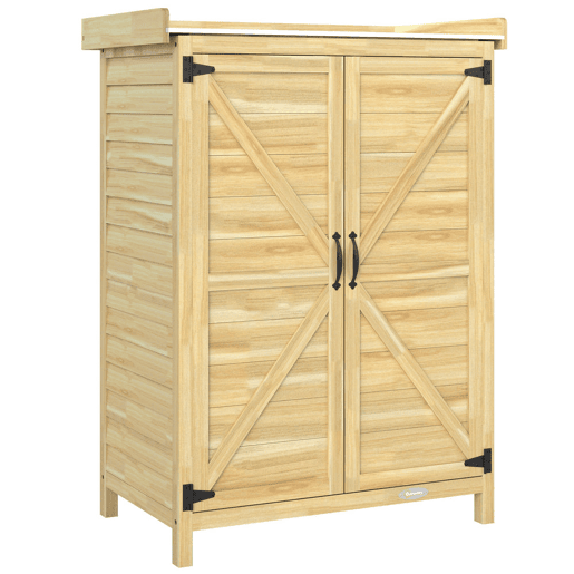 Outsunny Armário de Exterior em Madeira com Teto de Metal Galvanizado, Prateleiras, 2 Portas e Ganchos para Armazenamento de Ferramentas, 71,5x39x95 cm