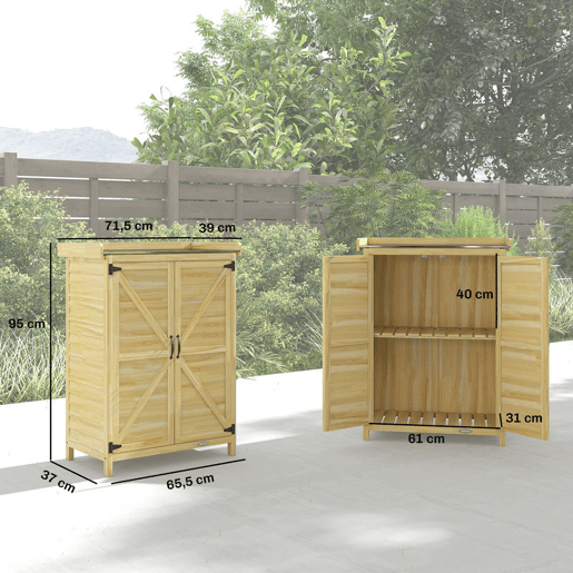 Outsunny Armário de Exterior em Madeira com Teto de Metal Galvanizado, Prateleiras, 2 Portas e Ganchos para Armazenamento de Ferramentas, 71,5x39x95 cm