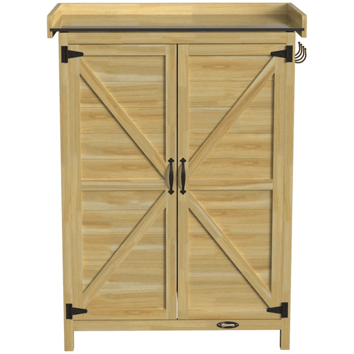 Outsunny Armário de Exterior em Madeira com Teto de Metal Galvanizado, Prateleiras, 2 Portas e Ganchos para Armazenamento de Ferramentas, 71,5x39x95 cm