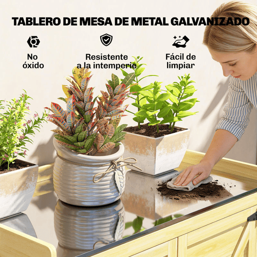 Outsunny Armário de Exterior em Madeira com Teto de Metal Galvanizado, Prateleiras, 2 Portas e Ganchos para Armazenamento de Ferramentas, 71,5x39x95 cm