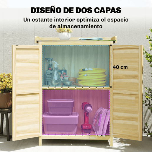 Outsunny Armário de Exterior em Madeira com Teto de Metal Galvanizado, Prateleiras, 2 Portas e Ganchos para Armazenamento de Ferramentas, 71,5x39x95 cm