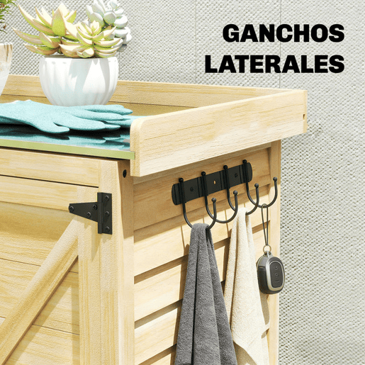 Outsunny Armário de Exterior em Madeira com Teto de Metal Galvanizado, Prateleiras, 2 Portas e Ganchos para Armazenamento de Ferramentas, 71,5x39x95 cm