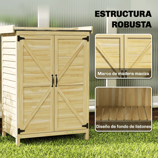 Outsunny Armário de Exterior em Madeira com Teto de Metal Galvanizado, Prateleiras, 2 Portas e Ganchos para Armazenamento de Ferramentas, 71,5x39x95 cm