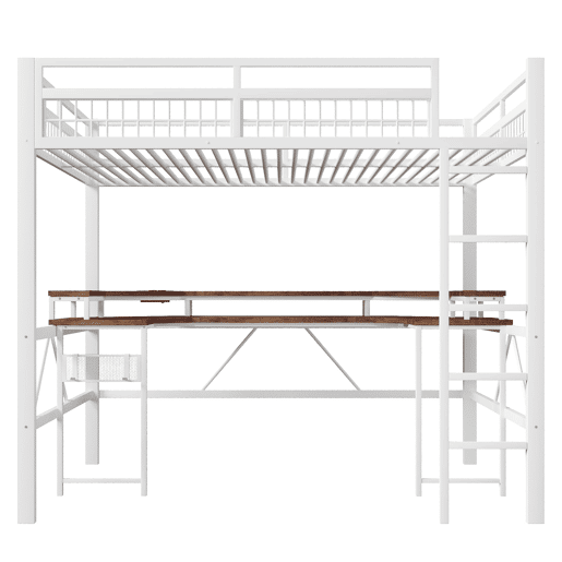 Cama alta + secretária 140x200 cm - LED RGB, USB, Tipo-C, tomadas, painel perfurado - Branco