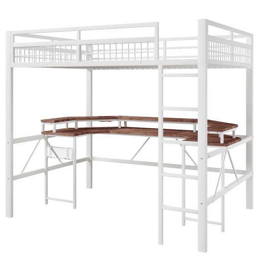 Cama alta + secretária 140x200 cm - LED RGB, USB, Tipo-C, tomadas, painel perfurado - Branco