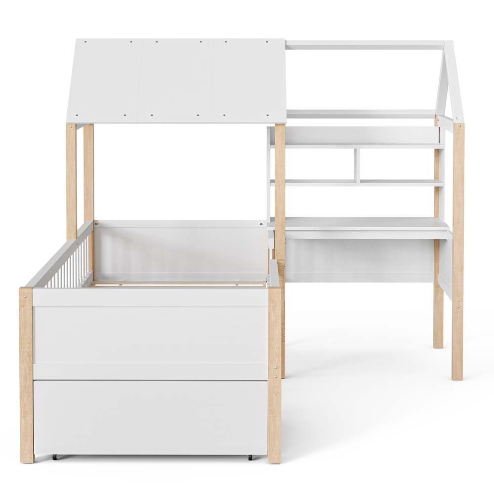 Cama infantil 90x200 cm - con protección contra caídas, escritorio en l, estantería, cajones con ruedas - blanco