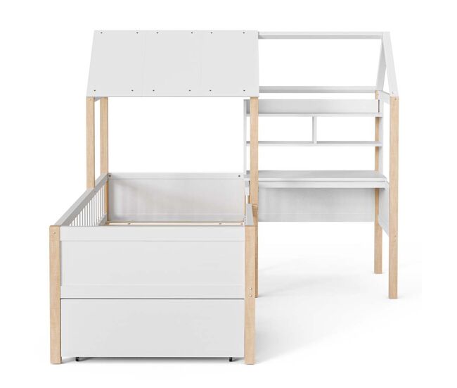 Cama infantil 90x200 cm - con protección contra caídas, escritorio en l, estantería, cajones con ruedas - blanco
