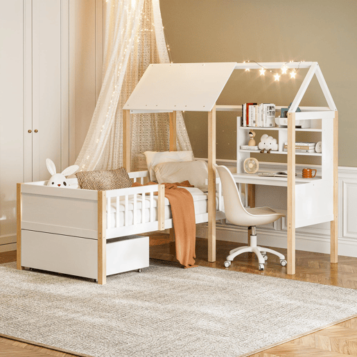 Cama infantil 90x200 cm - Com proteção contra quedas, secretária em L, estante, gavetas com rodas - Branco