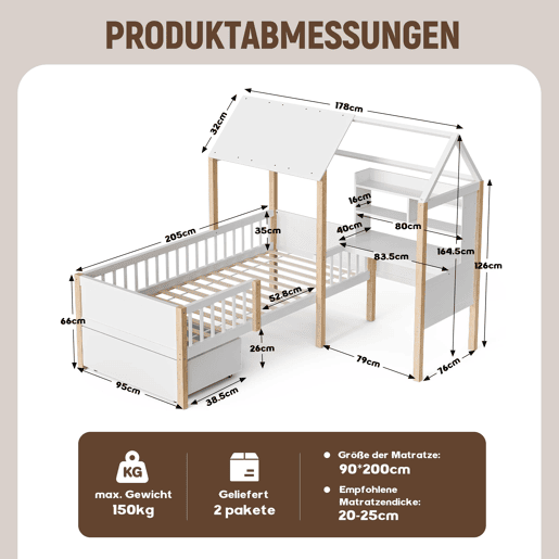 Cama infantil 90x200 cm - Com proteção contra quedas, secretária em L, estante, gavetas com rodas - Branco