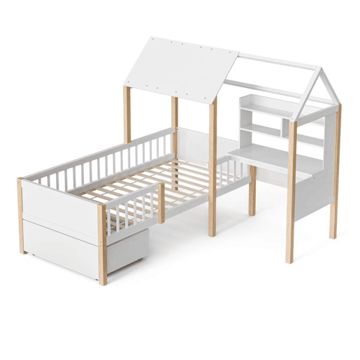 Cama infantil 90x200 cm - Com proteção contra quedas, secretária em L, estante, gavetas com rodas - Branco