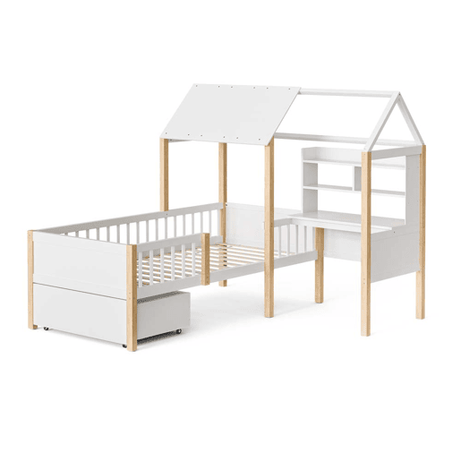 Cama infantil 90x200 cm - Com proteção contra quedas, secretária em L, estante, gavetas com rodas - Branco