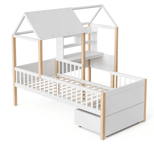 Cama infantil 90x200 cm - Com proteção contra quedas, secretária em L, estante, gavetas com rodas - Branco