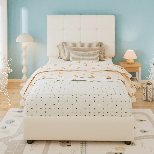 Cama infantil estofada 90x200 cm - cabeceira acolchoada em forma de biscoito - bege