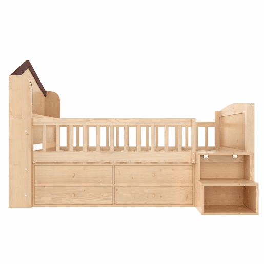 Cama infantil semi-alta tipo casa 90x200 cm - janelas, 4 gavetas, luz LED, escada com arrumação, sem colchão - Natural