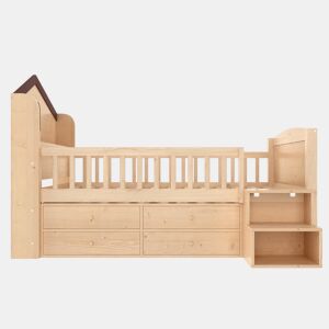 Cama infantil semi-alta tipo casa 90x200 cm - janelas, 4 gavetas, luz LED, escada com arrumação, sem colchão - Natural