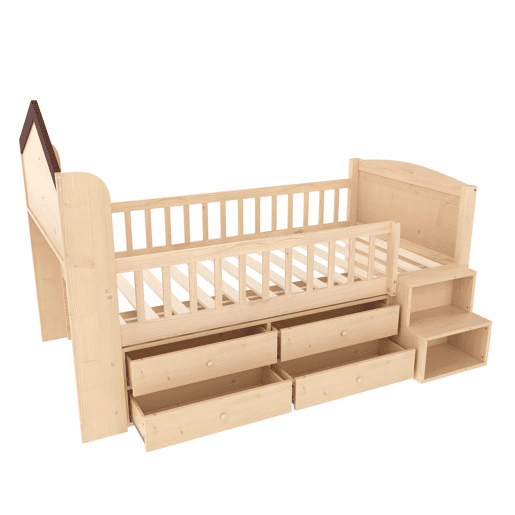Cama infantil semi-alta tipo casa 90x200 cm - janelas, 4 gavetas, luz LED, escada com arrumação, sem colchão - Natural