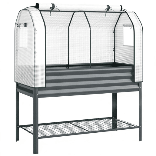 Outsunny Mesa de Cultivo com Cobertura de Estufa de 140 gm² PE Mesa de Cultivo em Metal Galvanizado com Prateleira Inferior e Forro para Plantação Plantas e Flores 120x55x140 cm Cinzento Escuro