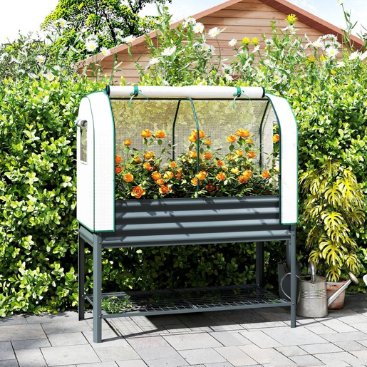 Outsunny Mesa de Cultivo com Cobertura de Estufa de 140 gm² PE Mesa de Cultivo em Metal Galvanizado com Prateleira Inferior e Forro para Plantação Plantas e Flores 120x55x140 cm Cinzento Escuro