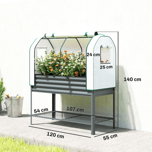 Outsunny Mesa de Cultivo com Cobertura de Estufa de 140 gm² PE Mesa de Cultivo em Metal Galvanizado com Prateleira Inferior e Forro para Plantação Plantas e Flores 120x55x140 cm Cinzento Escuro