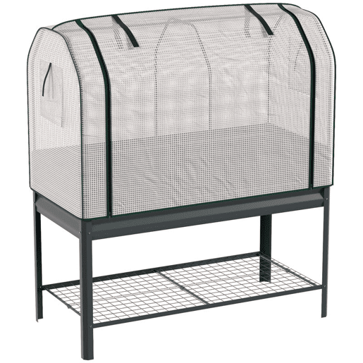 Outsunny Mesa de Cultivo com Cobertura de Estufa de 140 gm² PE Mesa de Cultivo em Metal Galvanizado com Prateleira Inferior e Forro para Plantação Plantas e Flores 120x55x140 cm Cinzento Escuro