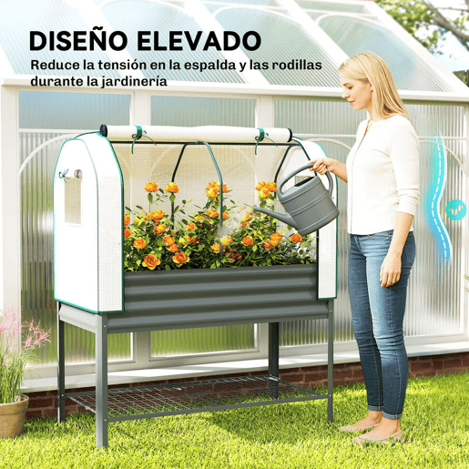 Outsunny Mesa de Cultivo com Cobertura de Estufa de 140 gm² PE Mesa de Cultivo em Metal Galvanizado com Prateleira Inferior e Forro para Plantação Plantas e Flores 120x55x140 cm Cinzento Escuro