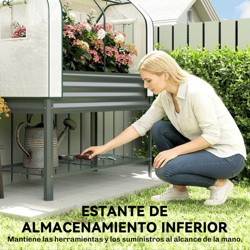 Outsunny Mesa de Cultivo com Cobertura de Estufa de 140 gm² PE Mesa de Cultivo em Metal Galvanizado com Prateleira Inferior e Forro para Plantação Plantas e Flores 120x55x140 cm Cinzento Escuro