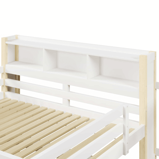 Beliche alto 140x200 cm - com luzes LED, grande espaço de arrumação, escada e prateleira aberta - Branco e natural