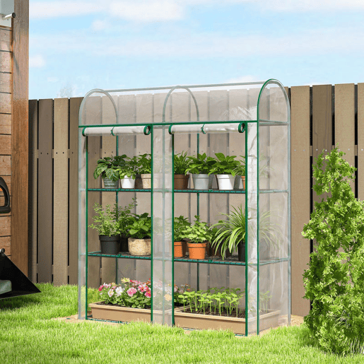 Outsunny Estufa Pequena de 3 Níveis Estufa Exterior com 2 Portas Enroláveis Estrutura de Aço e Cobertura de Plástico Anti-UV para Cultivar Plantas Flores 143x46x164 cm Transparente