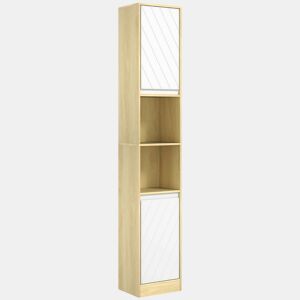 HOMCOM Coluna Casa de Banho com 2 Prateleiras Abertas Armário Alto para Casa de Banho com Armário Fechado e Prateleiras 30x24x170 cm Madeira e Branco