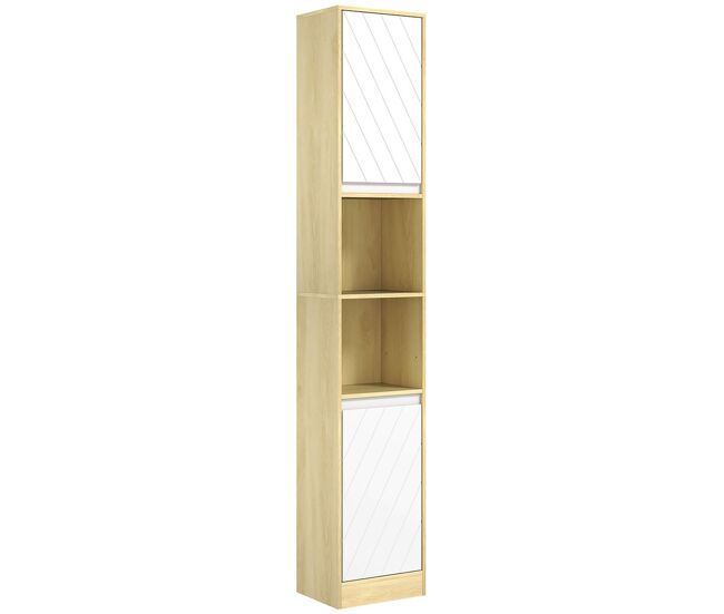 Homcom armario de baño alto, columna de baño estrecha con 2 puertas y 2 estantes abiertos, para espacios pequeños, 30x24x170 cm, roble y blanco