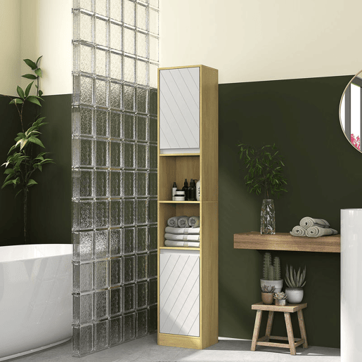 HOMCOM Coluna Casa de Banho com 2 Prateleiras Abertas Armário Alto para Casa de Banho com Armário Fechado e Prateleiras 30x24x170 cm Madeira e Branco