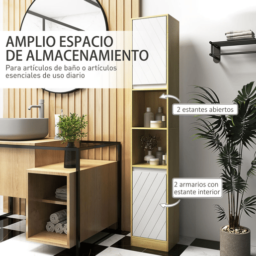 HOMCOM Coluna Casa de Banho com 2 Prateleiras Abertas Armário Alto para Casa de Banho com Armário Fechado e Prateleiras 30x24x170 cm Madeira e Branco