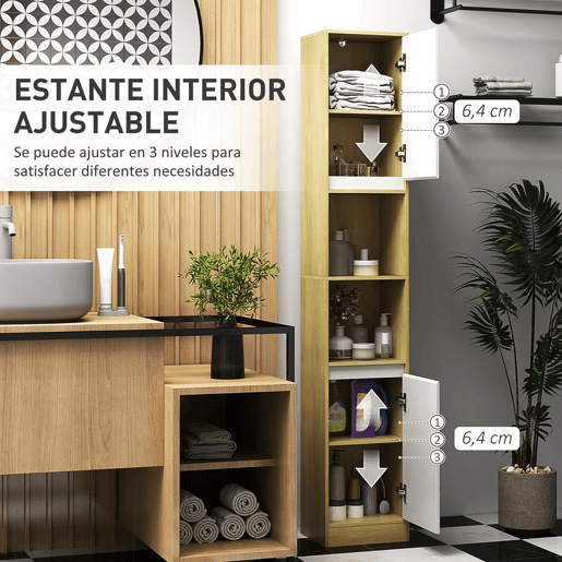 HOMCOM Coluna Casa de Banho com 2 Prateleiras Abertas Armário Alto para Casa de Banho com Armário Fechado e Prateleiras 30x24x170 cm Madeira e Branco