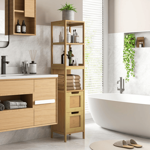 kleankin Coluna Casa de Banho com 3 Prateleiras e 2 Gavetas Armário Alto para Casa de banho Estilo Moderno 30x30x144,3 cm Madeira