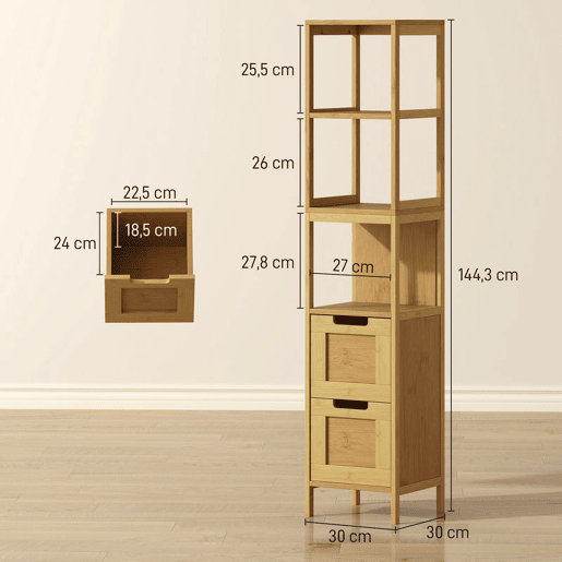 kleankin Coluna Casa de Banho com 3 Prateleiras e 2 Gavetas Armário Alto para Casa de banho Estilo Moderno 30x30x144,3 cm Madeira
