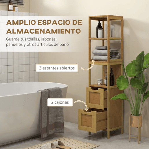 kleankin Coluna Casa de Banho com 3 Prateleiras e 2 Gavetas Armário Alto para Casa de banho Estilo Moderno 30x30x144,3 cm Madeira
