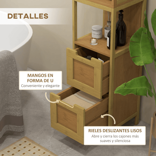 kleankin Coluna Casa de Banho com 3 Prateleiras e 2 Gavetas Armário Alto para Casa de banho Estilo Moderno 30x30x144,3 cm Madeira