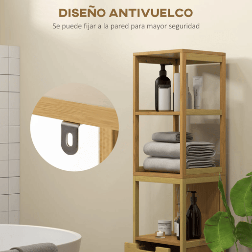 kleankin Coluna Casa de Banho com 3 Prateleiras e 2 Gavetas Armário Alto para Casa de banho Estilo Moderno 30x30x144,3 cm Madeira