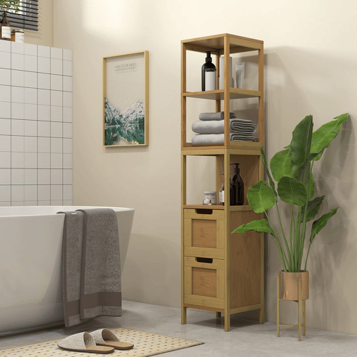 kleankin Coluna Casa de Banho com 3 Prateleiras e 2 Gavetas Armário Alto para Casa de banho Estilo Moderno 30x30x144,3 cm Madeira