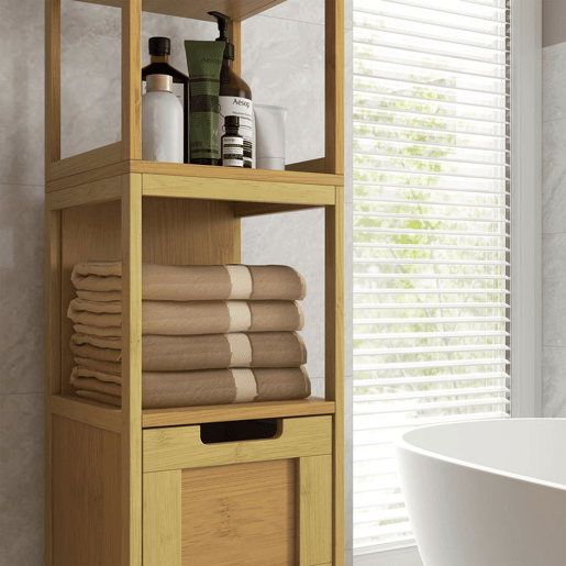 kleankin Coluna Casa de Banho com 3 Prateleiras e 2 Gavetas Armário Alto para Casa de banho Estilo Moderno 30x30x144,3 cm Madeira