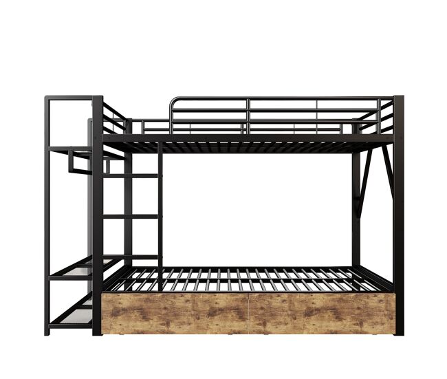 Cama litera 140x200 cm - 2 cajones, estantes, led, barra ropa - negro
