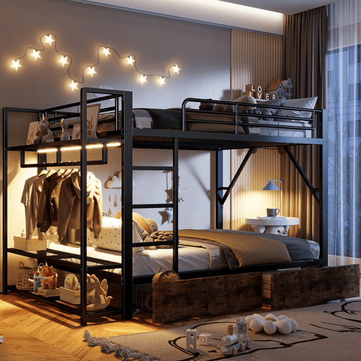 Beliche 140x200 cm - 2 gavetas, prateleiras, LED, barra para roupa - Preto