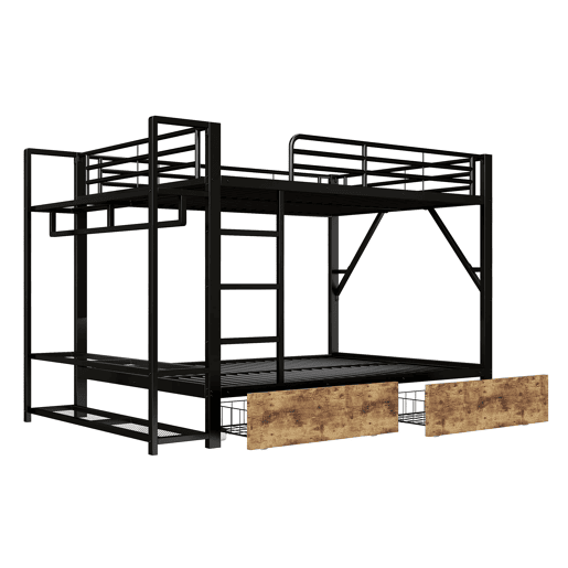 Beliche 140x200 cm - 2 gavetas, prateleiras, LED, barra para roupa - Preto