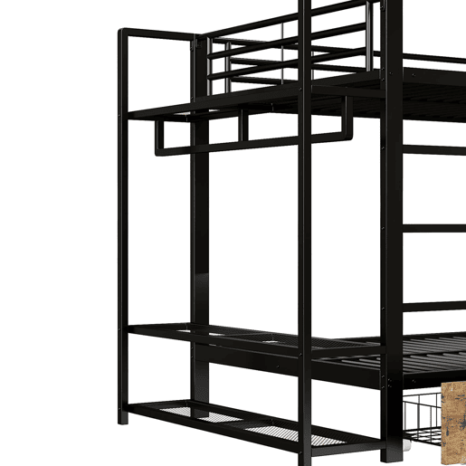 Beliche 140x200 cm - 2 gavetas, prateleiras, LED, barra para roupa - Preto
