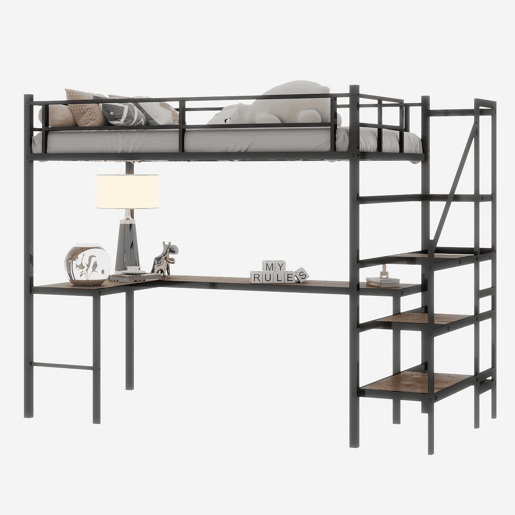 Cama alta com secretária em L - grande capacidade de arrumação, prateleira, estrutura resistente, preta