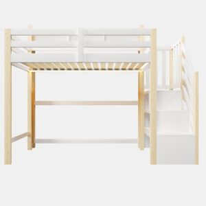 Beliche 90x200 cm - com luzes LED, grande espaço de arrumação, escada com prateleiras, sem colchão - Branco e natural