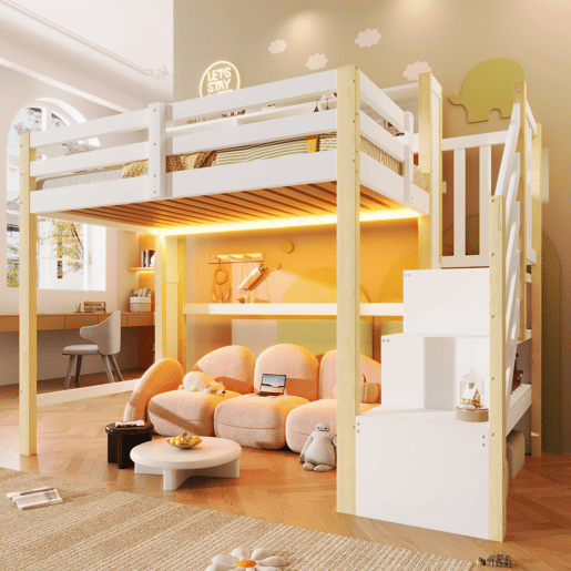 Beliche 90x200 cm - com luzes LED, grande espaço de arrumação, escada com prateleiras, sem colchão - Branco e natural