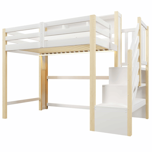 Beliche 90x200 cm - com luzes LED, grande espaço de arrumação, escada com prateleiras, sem colchão - Branco e natural